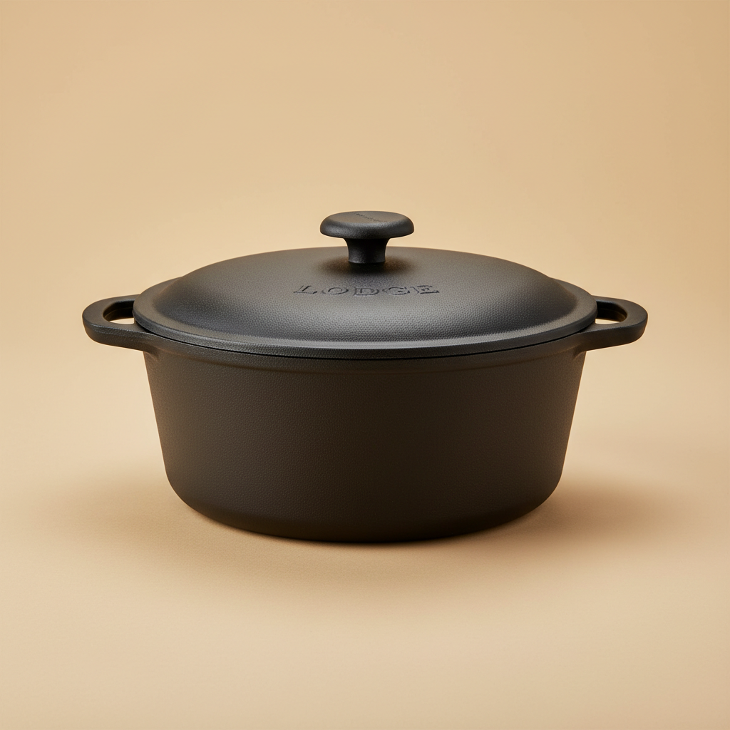 Cast Iron Dutch Oven 6Qt on warm beige background